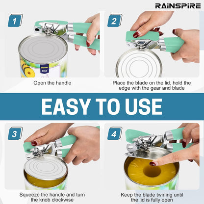 Rainspire Upgraded Can Opener Manual with Bottle Opener Smooth Edge Cut, Can Opener Heavy Duty, Comfortable Soft Handle, Built-in Bottle Opener, Black