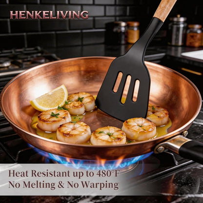 Silicone 10 Pcs Kitchen Cooking Utensils Set, Recycled Materials Certification, BPA Free Spatula Set with Heat Resistant Wood Handles for Nonstick Cookware, Cream White