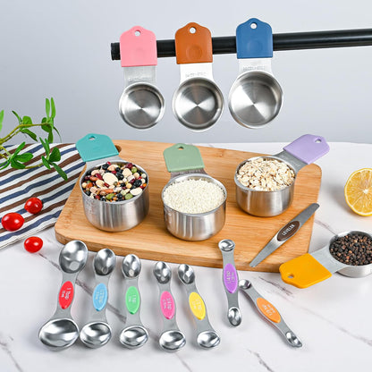 Smithcraft Measuring Cups and Spoons Set 16, Metric & US Stainless Steel Magnetic Measuring Cups and Spoons Set for Baking & Kitchen, Dry & Liquid Metal Measure Cups & Spoons with Leveler
