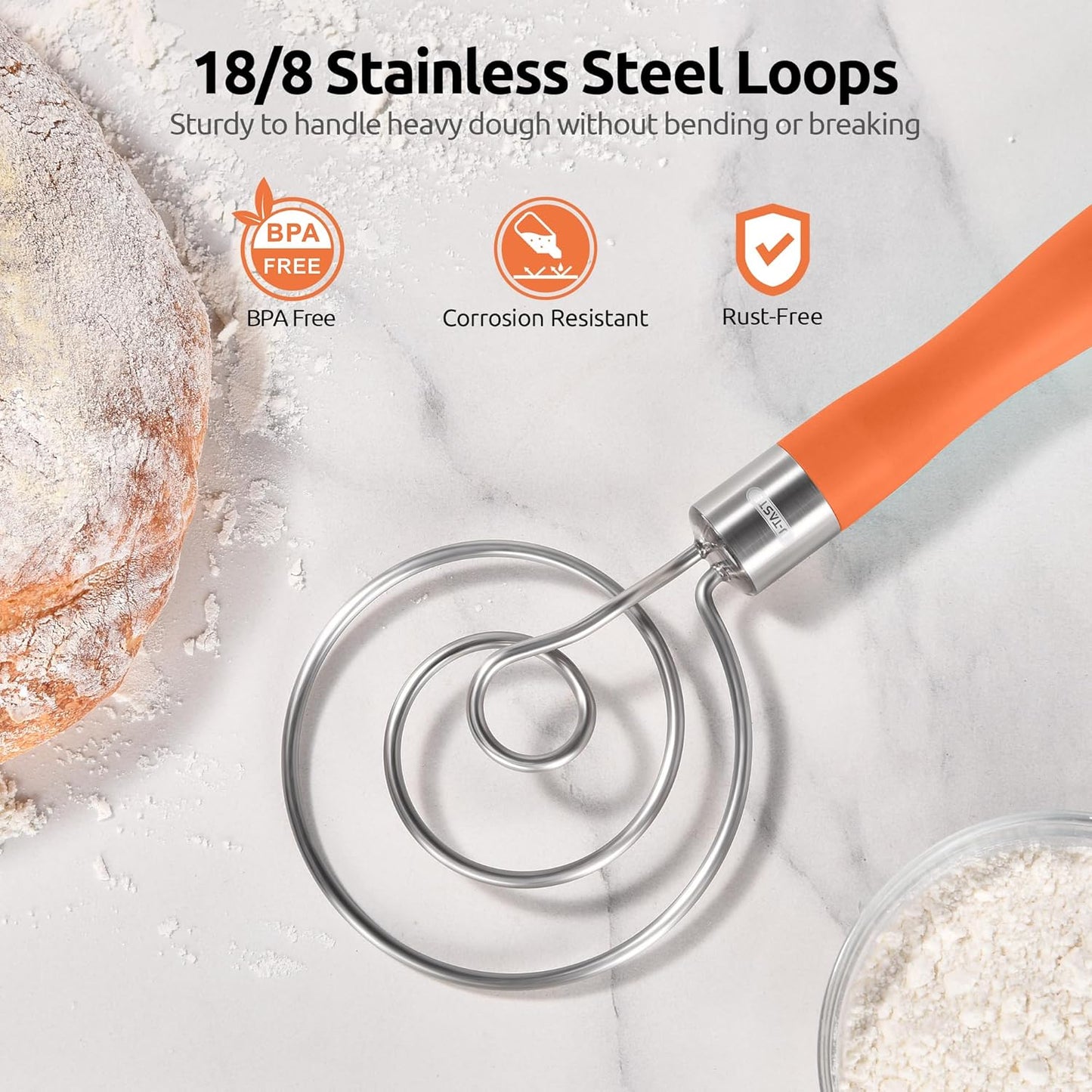 U-Taste 12.6" Danish Dough Whisk: 18/8 Stainless Steel Heavy-Duty Sourdough Mixer Tool, Food Grade Dutch Style Seamless Bread Wisk, Sturdy for Mixing, Stirring, Pressing, Kneading Thick Batter (Black)