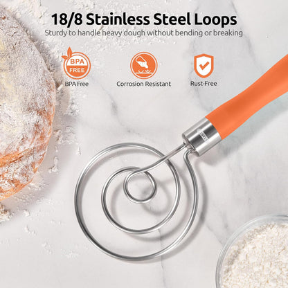 U-Taste 12.6" Danish Dough Whisk: 18/8 Stainless Steel Heavy-Duty Sourdough Mixer Tool, Food Grade Dutch Style Seamless Bread Wisk, Sturdy for Mixing, Stirring, Pressing, Kneading Thick Batter (Black)