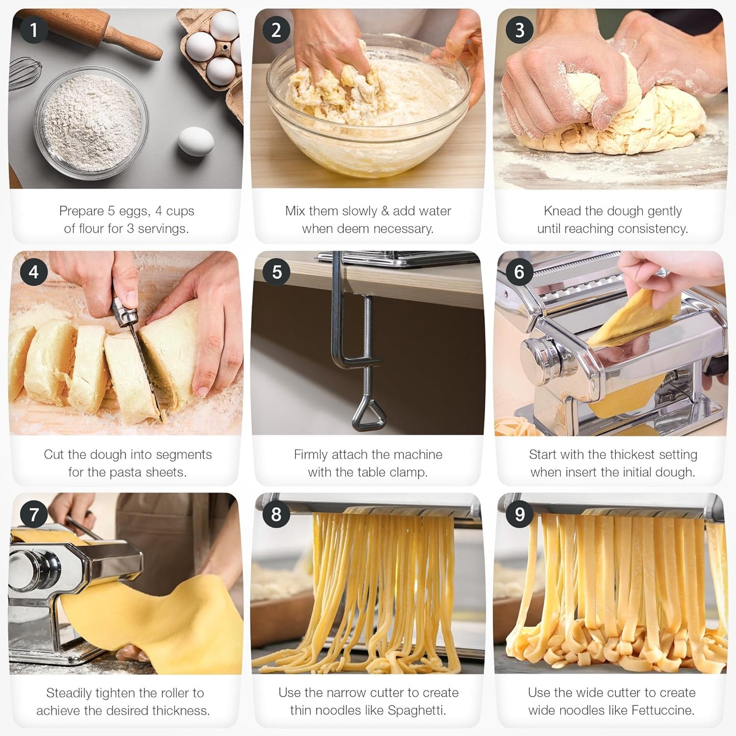 ISILER Pasta Maker, 9 Adjustable Thickness Settings 2-in-1 Pasta Machine with Rollers and Cutter, Noodle Maker for Pasta, Dumpling Skin, Spaghetti, Fettuccini, Lasagna