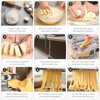 ISILER Pasta Maker, 9 Adjustable Thickness Settings 2-in-1 Pasta Machine with Rollers and Cutter, Noodle Maker for Pasta, Dumpling Skin, Spaghetti, Fettuccini, Lasagna