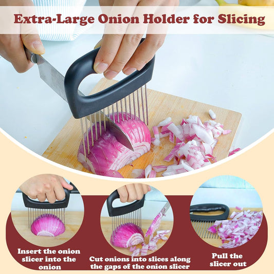 Hendiy Extra-Large Onion Holder for Slicing, Tomato Slicer with 16 Long Needles, Stainless Steel Onion Cutter Vegetable Chopper, Extra-Large Tomato Potato Slicer, Meat Tenderizer, Food Slicing Guide