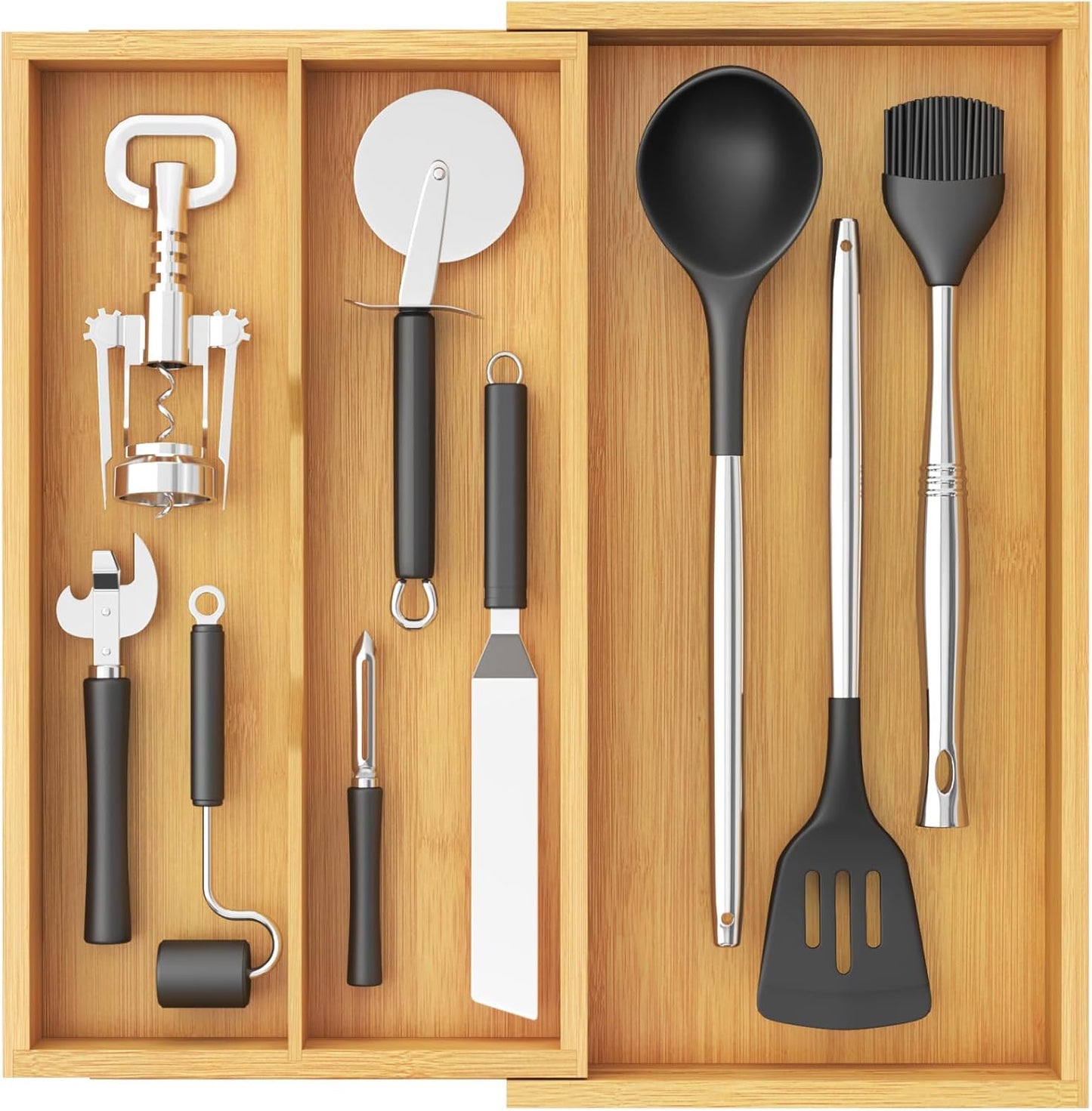 Lifewit Utensil Organizer for Kitchen Drawer, Expandable Cooking Utensil Tray, Cutlery Silverware Flatware Holder, Wood Adjustable Spatula Tools Storage Divider, 8.9-15.8 x 15.75, Natural