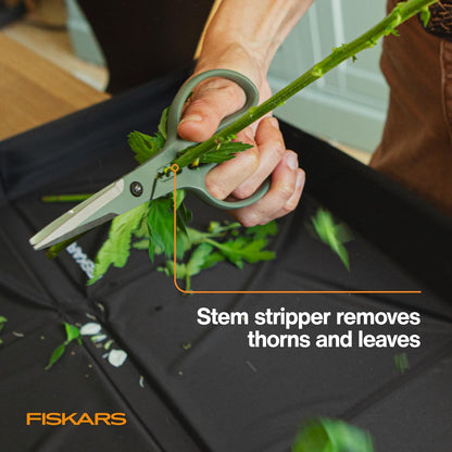 Fiskars Plant Shaping Shears & Holder, Precision Indoor Gardening Snips with Storage Caddy, Forged Stainless Steel Blades for Clean Cuts on Broad Leaves, Ambidextrous Handles & Stem Stripper, 6"