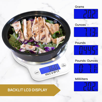 INEVIFIT Digital Kitchen Scale, Highly Accurate Multifunction Food Scale 13 lbs 6kgs Max, Clean Modern Black with Premium Stainless Steel Finish. Includes Batteries