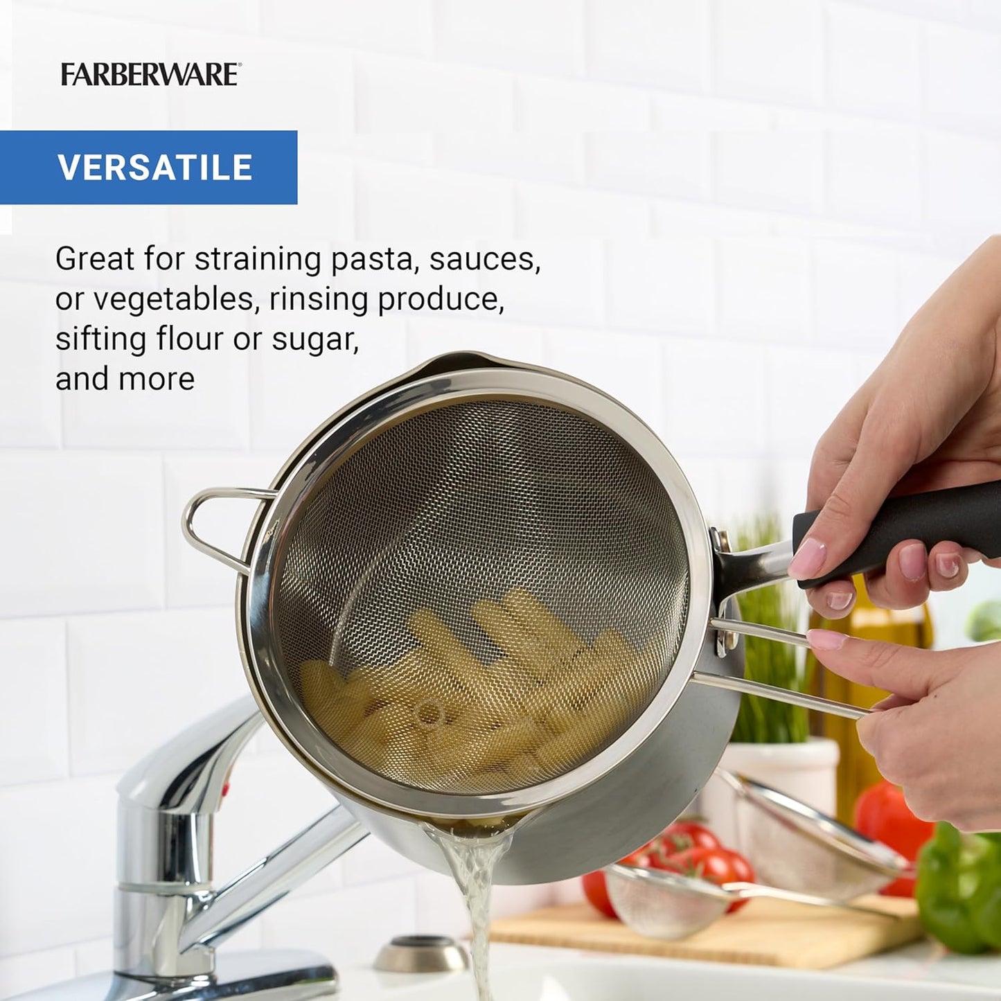 Farberware Stainless Steel Mesh Strainer Set of 3 - Small, Medium and Large Fine Mesh Strainers for Kitchen, Colander for Pasta, Produce Rinsing, Sifting - Dishwasher Safe, Nesting Storage