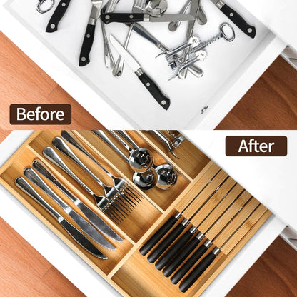 VaeFae Bamboo Silverware Drawer Organizer Kitchen, Expandable Utensil Organizer with Knife Block, Cutlery Tray with Divider, Multifunctional Drawer Organizer (Black)