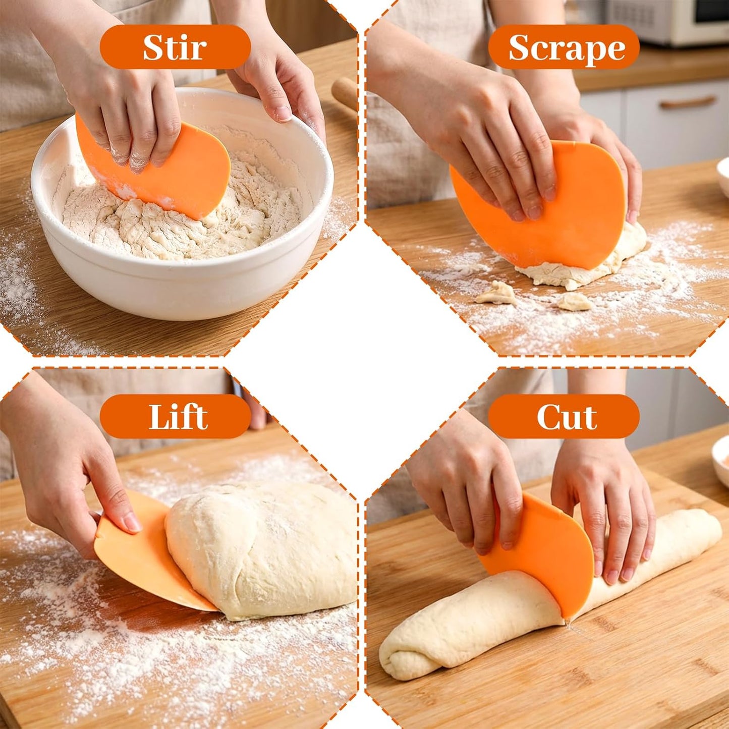 2PCS Silicone Bowl Scrapers for Bread Dough, Sourdough Spatula Scraper Bread Dough Scrapers Curved Edge Flexible Bowl Scraper for Baking Food Sourdough Proofing Basket Pastry Cutter Tool, Orange