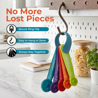 Farberware Set of 5 Measuring Spoons, Perfect for Measuring Both Wet and Dry Indgredients, Includes Detachable Ring for Optimal Storage and Organization, Dishwasher Safe, Assorted