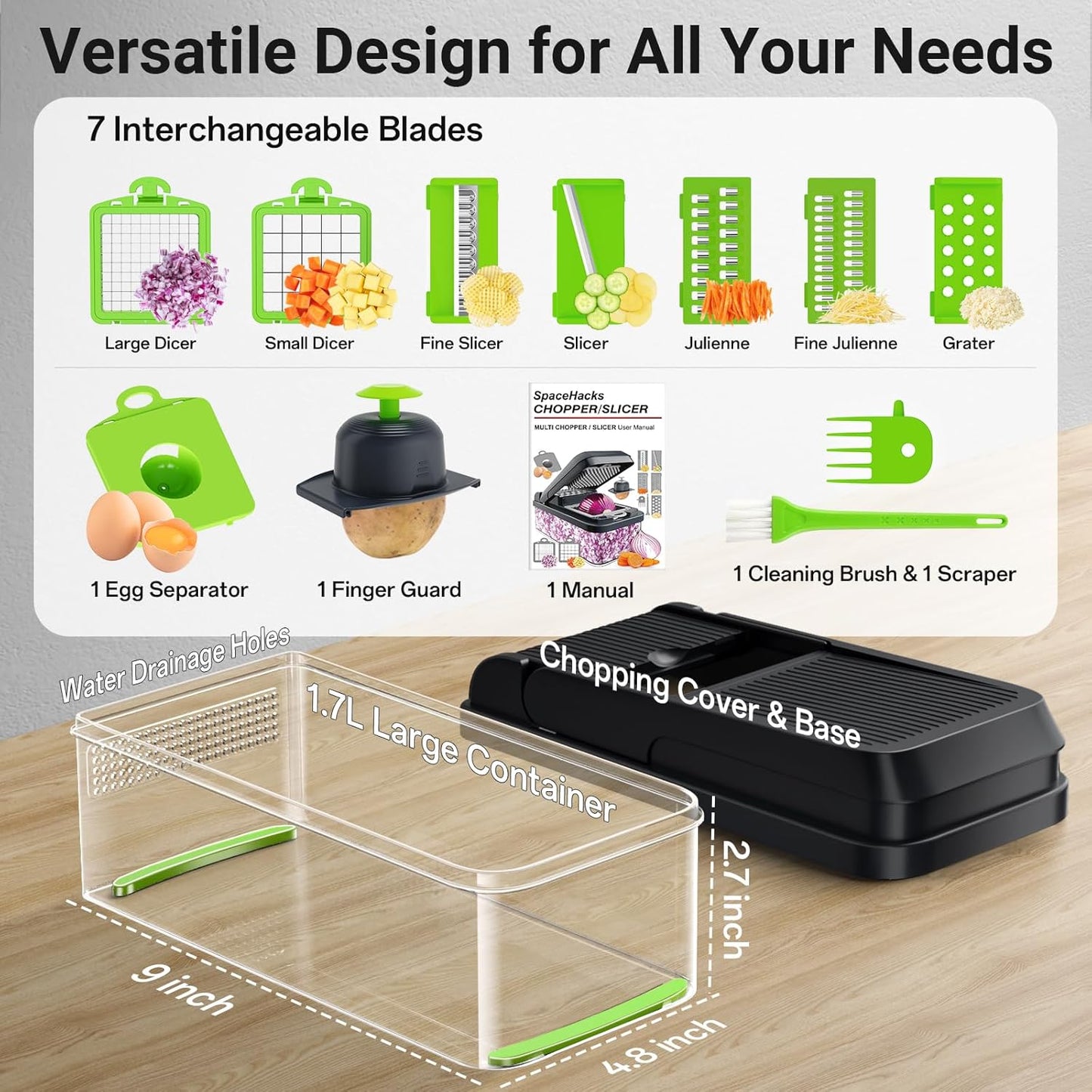 SpaceHacks 12-in-1 Vegetable Chopper, Kitchen Gadgets with 7 Blades, Veggie, Food, Onion Chopper, Cucumber Slicer, Versatile Mandoline, Includes Egg Separator & Finger Guard, Gray