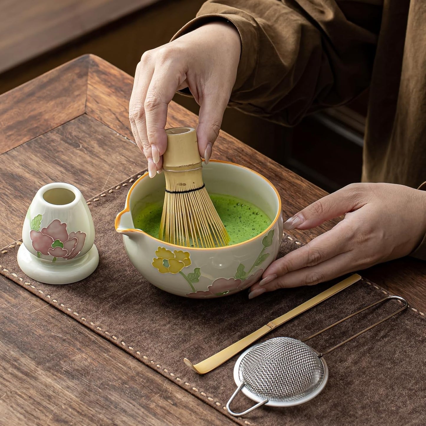 Matcha Set, Matcha Whisk Set Includes Matcha Bowl and Whisk, Whisk Holder, Sifter, Scoop, Spoon Holder, Tea Towel- 7pcs Perfect Matcha Kit for Matcha Tea Ceremony