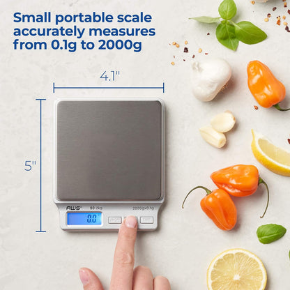 American Weigh Scales SC Series Precision Digital Kitchen Weight Scale, Food Measuring Scale, 2kg x 0.1g (Silver), AMW-SC-2KG (500g x 0.01g)