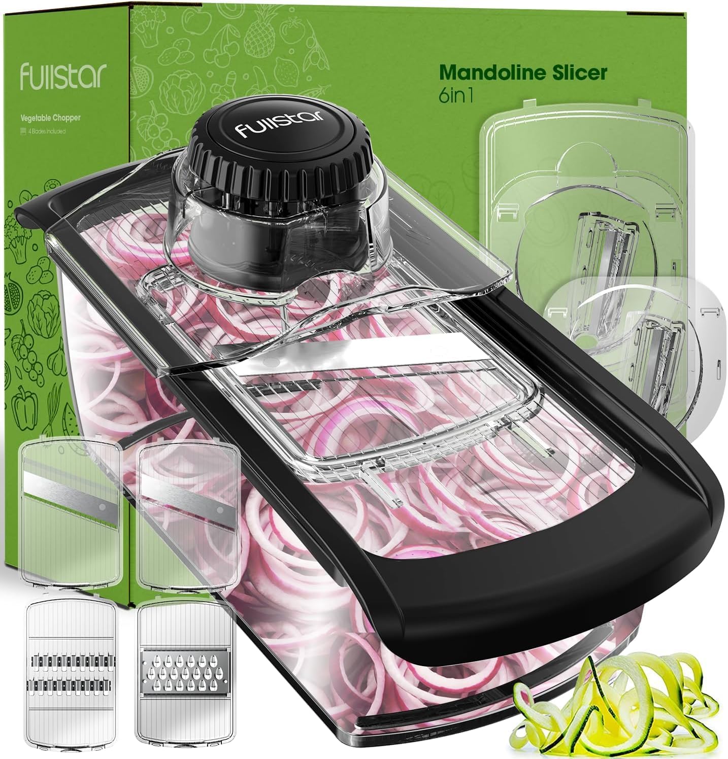 Fullstar Mandoline Slicer for Kitchen, Fruit Cutter, Cheese Grater, Cucumber Slicer, Veggie Spiralizer, Food Cutter & Kitchen Gadgets & Gifts with Safety Glove (6 in 1, White)