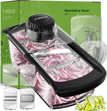 Fullstar Mandoline Slicer for Kitchen, Fruit Cutter, Cheese Grater, Cucumber Slicer, Veggie Spiralizer, Food Cutter & Kitchen Gadgets & Gifts with Safety Glove (6 in 1, White)