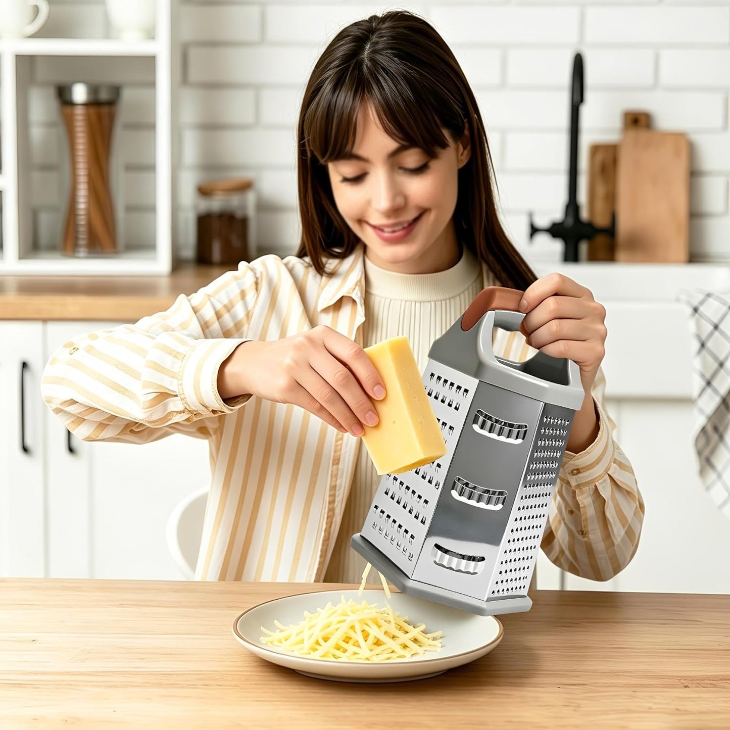 Cheese Grater, 6 Sides Box Graters for Kitchen, Stainless Steel Food Shredders for Cheese Vegetables Potatoes Carrot (Pink Handle)