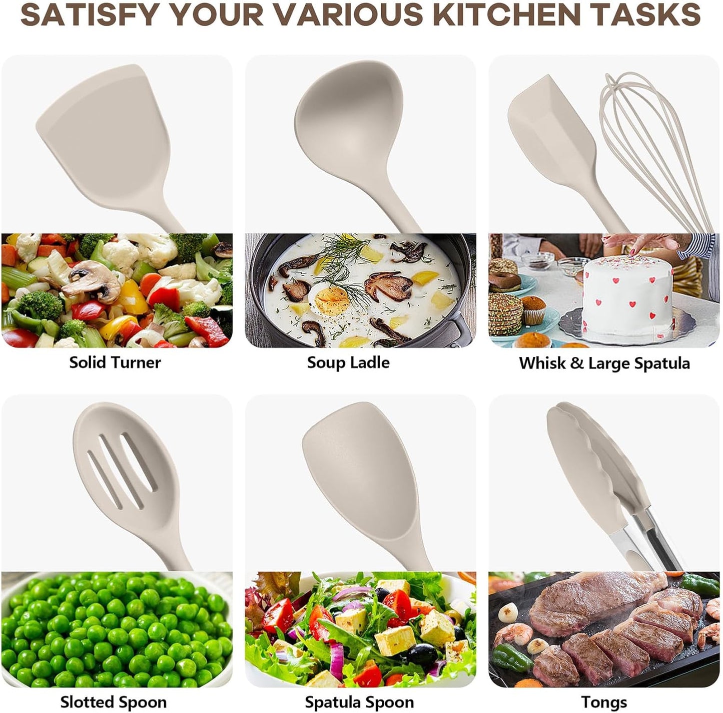 TeamFar Silicone Cooking Utensils, 10 pcs Kitchen Cooking Utensils Set, 446°F Heat Resistant Kitchen Gadgets Tools Set w/Spatula, Turners, Spoons, Soup Ladle, Pasta Server for Nonstick Cookware, Black