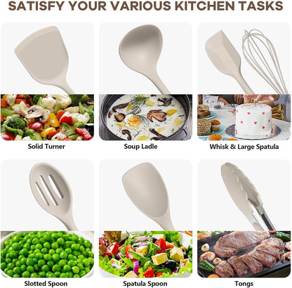 TeamFar Silicone Cooking Utensils, 10 pcs Kitchen Cooking Utensils Set, 446°F Heat Resistant Kitchen Gadgets Tools Set w/Spatula, Turners, Spoons, Soup Ladle, Pasta Server for Nonstick Cookware, Black