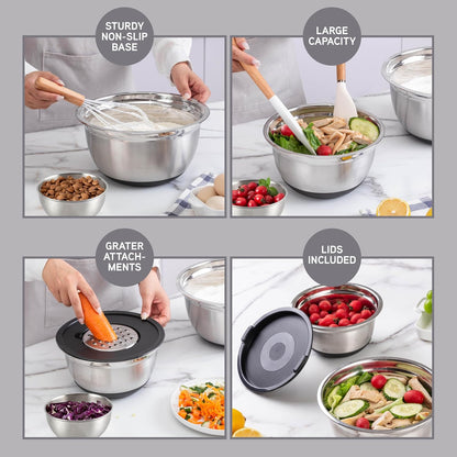 COOK WITH COLOR Stainless Steel Mixing Bowls Set with Lids - Nesting Bowls with Non-Slip Bottom, Silver, 14 Pieces