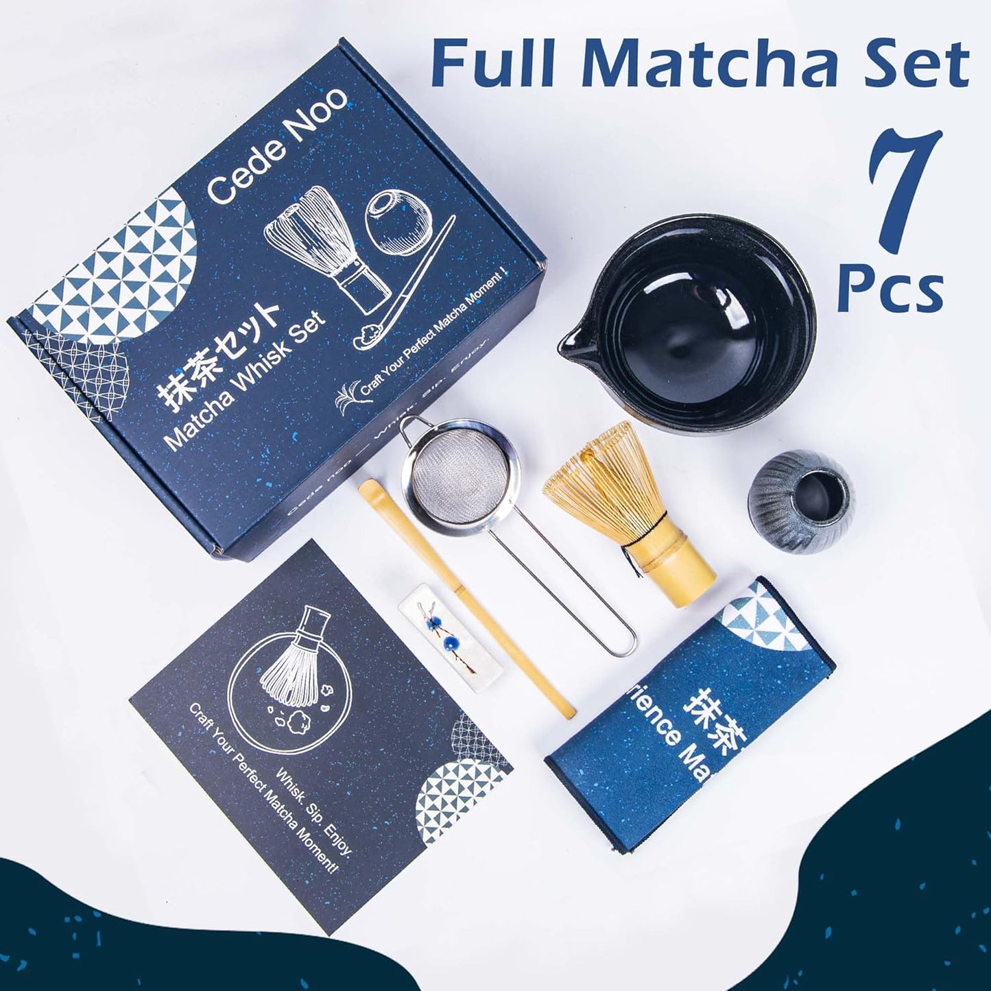 7pcs Matcha Whisk Set with 18oz Spout Bowl, Japanese Tea Ceremony Kit, Natural Bamboo Whisk Scoop, Ceramic Holder Sifter Towel, Best Gift for Beginners and Matcha Lovers