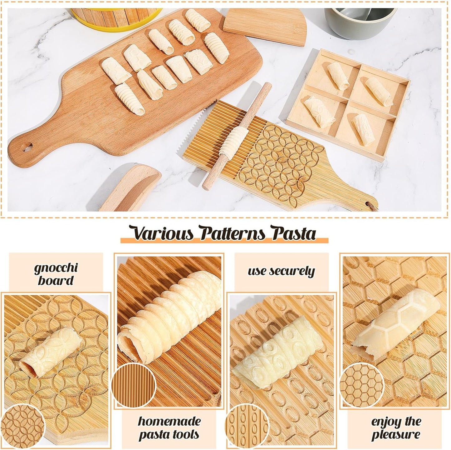 Tioncy 7 Pcs Pasta Making Tool Set Kitchen Gift, Wood Gnocchi Board with Ravioli Stamp Ravioli Maker Rolling Pin Gnocchi Garganelli Italian Pasta Tools for Beginners Home Cooks