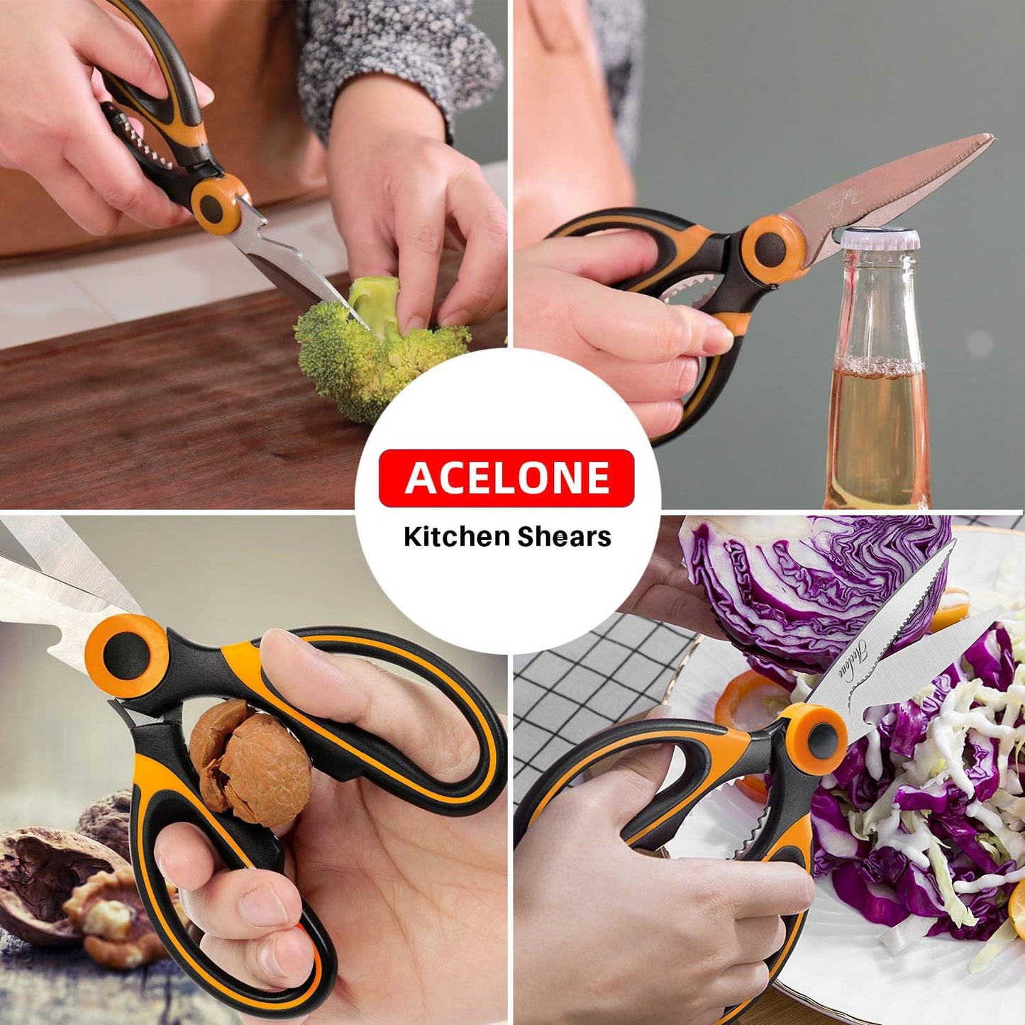Kitchen Shears, Acelone Premium Heavy Duty Shears Ultra Sharp Stainless Steel Multi-function Kitchen Scissors for Chicken/Poultry/Fish/Meat/Vegetables/Herbs/BBQ… (Red black)