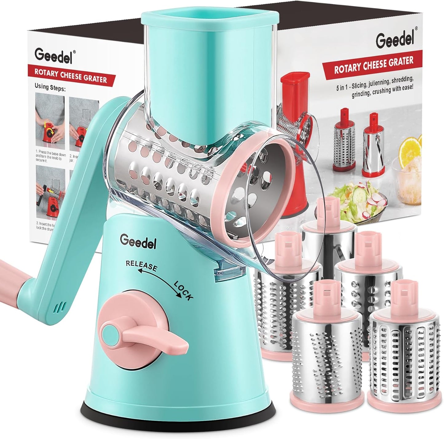 Geedel Rotary Cheese Grater, Kitchen Mandoline Vegetable Slicer with 3 Interchangeable Blades, Easy to Clean Grater for Fruit, Vegetables, Nuts