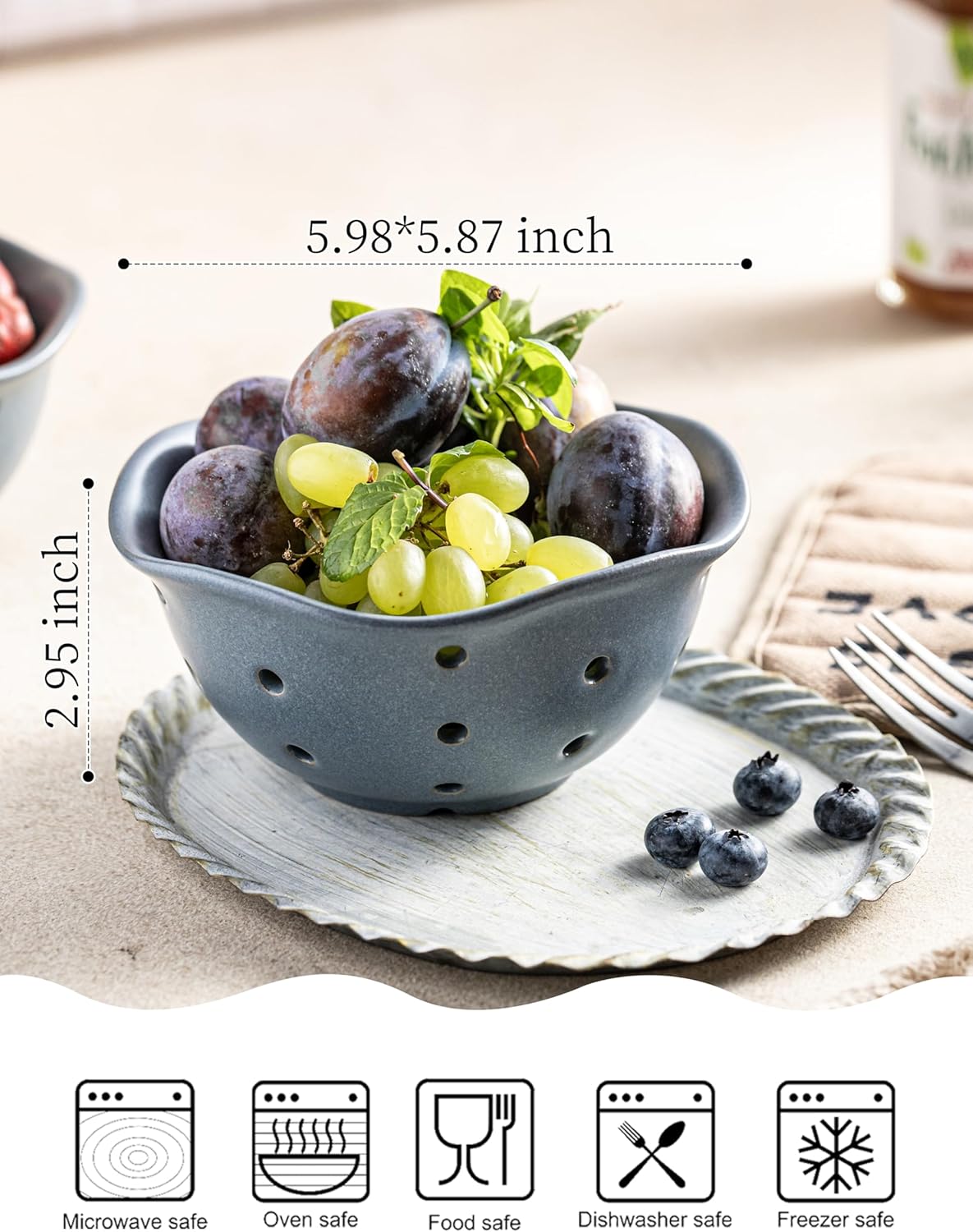 Gomakren Ceramic Berry Basket Set of 2, Round Fruit Bowl with Holes, Fruit Storage Containers for Fridge, Small Fruit Basket for Kitchen Counter, Berries, Strawberry, Mothers Day Gifts, White