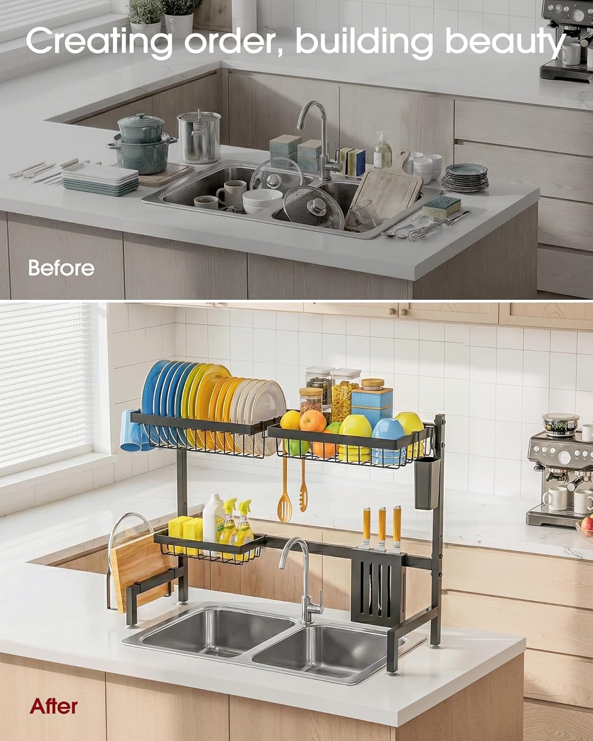 Sakugi Over The Sink Dish Drying Rack, Expandable 2-Tier Stainless Steel Kitchen Storage Organization Accessories for Countertop, Rustproof & Space-Saving, 30"–34.5" L x 12" W x 25" H, Black