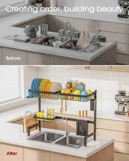 Sakugi Over The Sink Dish Drying Rack, Expandable 2-Tier Stainless Steel Kitchen Storage Organization Accessories for Countertop, Rustproof & Space-Saving, 30"–34.5" L x 12" W x 25" H, Black
