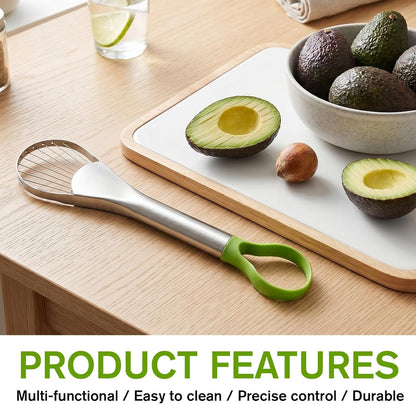 Avocado Slicer Tool, 3-in-1 Stainless Steel Avocado Slicer Tool with Peeler & Pitter, Silver & Green Design for Slicing, Scooping Pit Removal (9.37 x 2.28 In)