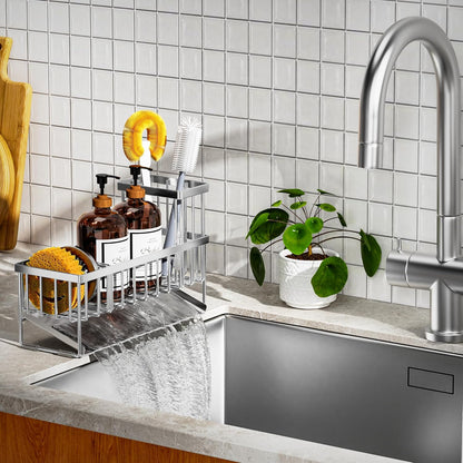 Cisily Sink Caddy Sponge Holder for Kitchen with Brush Holder and Stainless Steel Self Drain Tray, Rustproof Kitchen Sink Organizer for Sponge, Soap Dispenser Storage Accessories