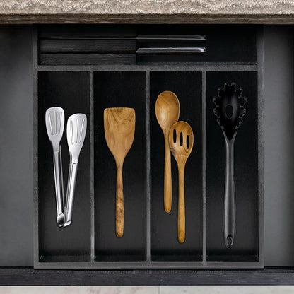 VaeFae Bamboo Silverware Drawer Organizer Kitchen, Expandable Utensil Organizer with Knife Block, Cutlery Tray with Divider, Multifunctional Drawer Organizer (Black)