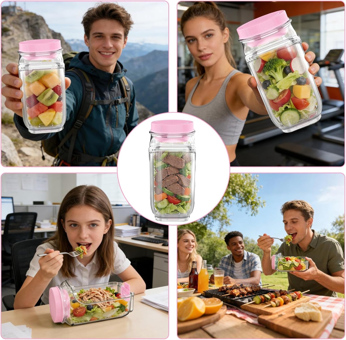 FNHMSL Side-Opening Mason Salad Jar, Portable (35 oZ) 1000ml Salad Container with Leakproof Dressing Cup, Includes Spoon and Cleaning Brush, Perfect for Meal Prep, Gym, Office, Picnic and Travel