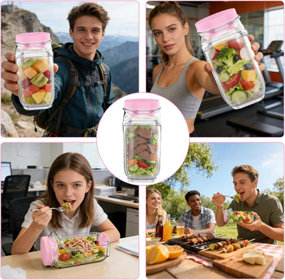 FNHMSL Side-Opening Mason Salad Jar, Portable (35 oZ) 1000ml Salad Container with Leakproof Dressing Cup, Includes Spoon and Cleaning Brush, Perfect for Meal Prep, Gym, Office, Picnic and Travel