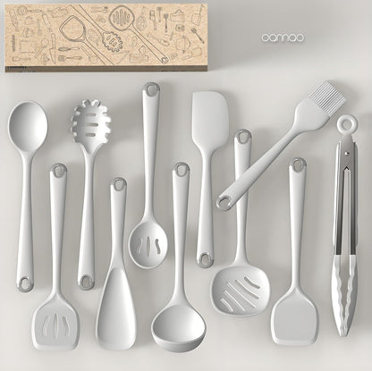 oannao Silicone Kitchen Utensils Set, 600°F Heat Resistant Silicone Cooking Utensils, Spatula, Spoon, Whisk, Tongs, Kitchen Gadgets Sets for Nonstick Cookware, Dishwasher Safe BPA Free (Black)