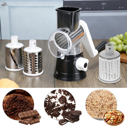 QWORK Cheese Grater Hand Crank, Rotary Vegetable Shredder, 3 in 1 Kitchen Speed Spin Veggie Slicer & Nut Grinder, Black