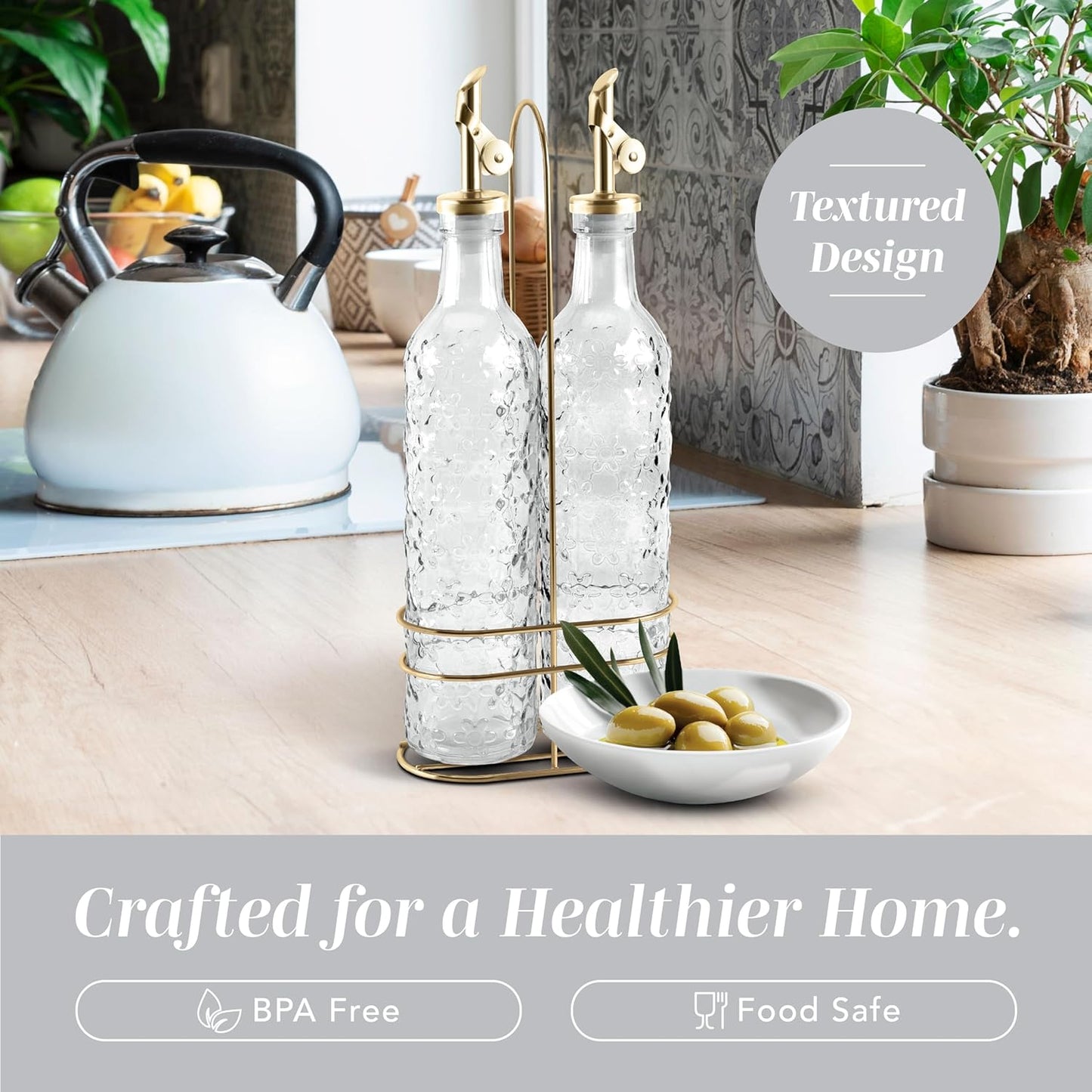 COOK WITH COLOR Glass Olive Oil Bottle Dispenser - 2 Pack- 17oz Oil and Vinegar Cruet - Olive Oil Carafe Decanter for Kitchen, Elegant Waves, Clear