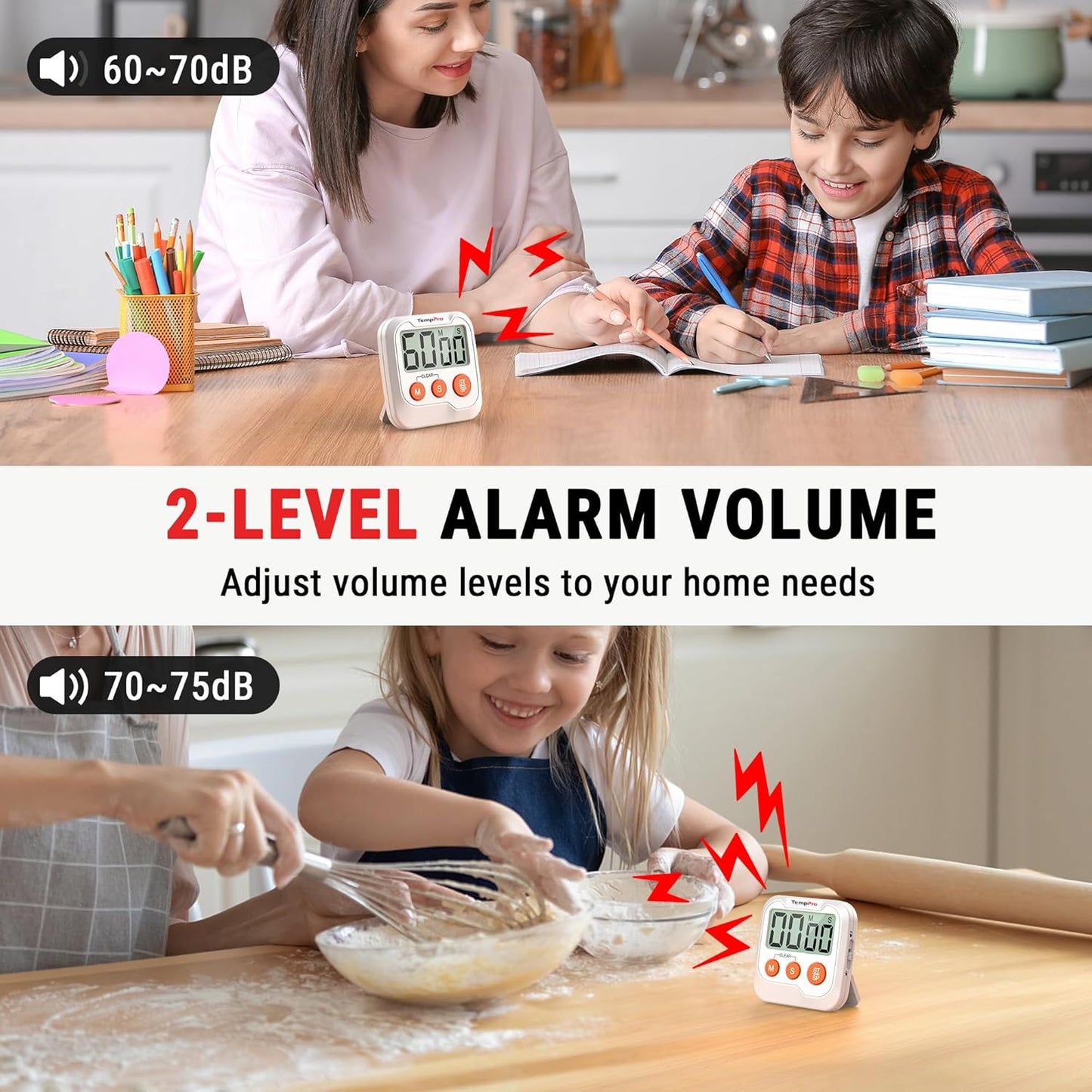 TempPro TM03 Digital Timer for Kids & Teachers, Kitchen Timers for Cooking with 2 Alarm Volume, Countdown Timer Stopwatch for Classroom Supplies, Exercise, Baking, Work, 2-Pack (Previously ThermoPro)