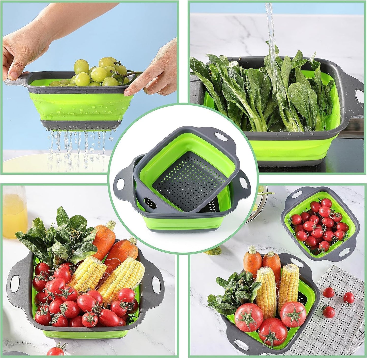 Colander collapsible,Collapsible strainer,Colander Strainer Over, Vegetables & Fruits – Over The Sink Strainer,Strainers (6 Quart) with Extendable Handles,Kitchen Essentials (green)