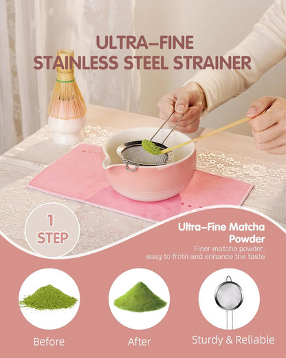 ZENS Pink Matcha Set, Matcha Whisk Set Includes 15oz Ceramic Bowl & (Chasen Holder), Bamboo Whisk & Scoop, Sifter and Pink Tea Towel, 6pcs Matcha Kit for Matcha Lovers
