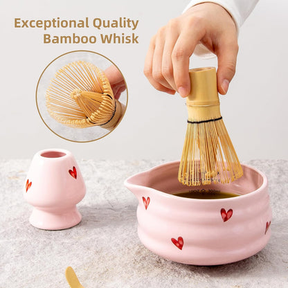 5pcs Premium Matcha Set,Ceramic Bowl with Spout and Bamboo Whisk set, Ceremonical Matcha Kit for breakfast/latte,Tea Starter Making Kit,Unique Matcha Gift set (pink love)