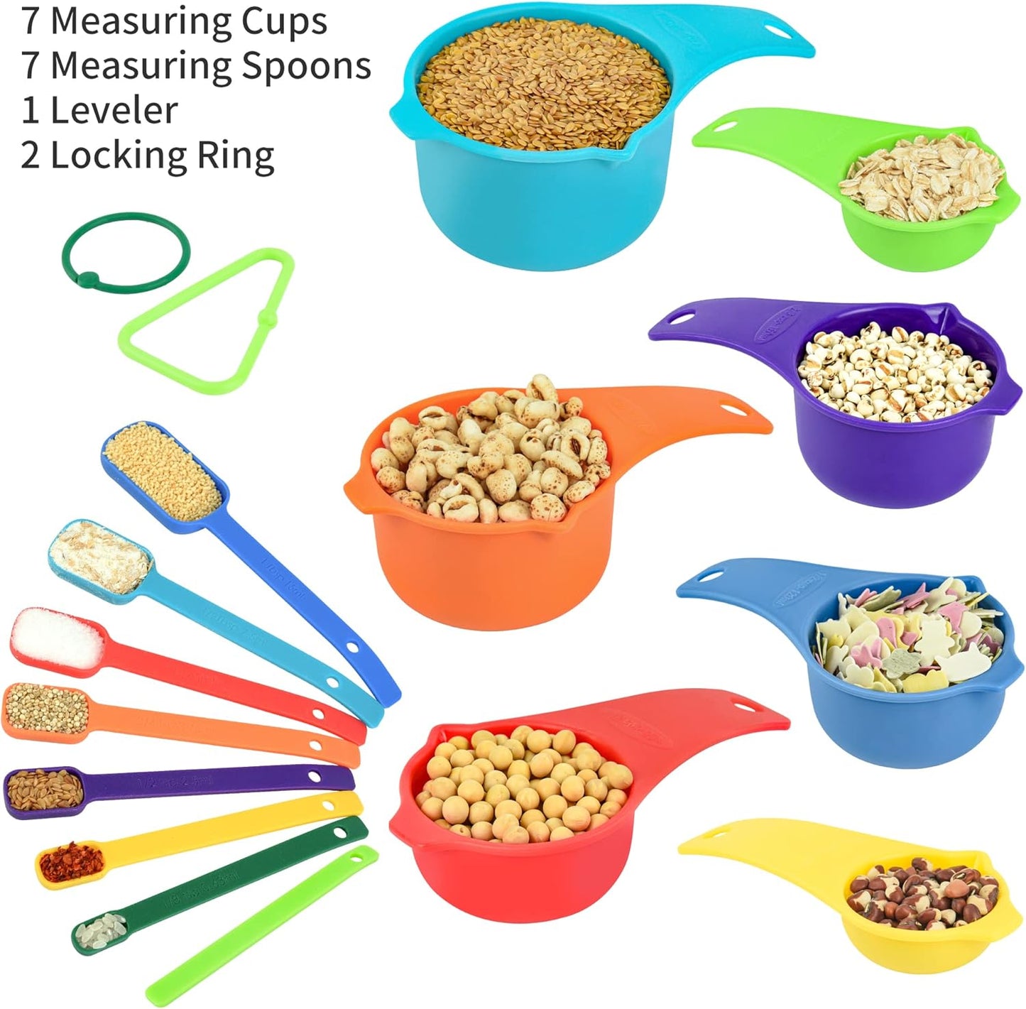 Plastic Measuring Cups and Spoons Set, Yellow Dry Measuring cups Set with Spout and Leveler for Kitchen and Baking, BPA free and Dishwasher Safe, Nesting Measuring Cups Set 15