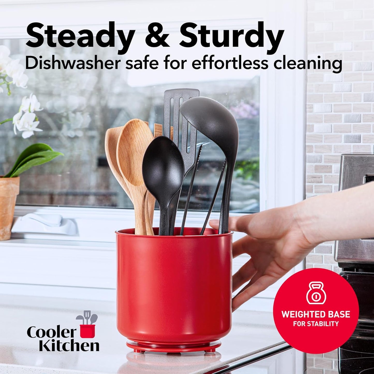 Cooler Kitchen Jumbo Extra Large Sturdy Rotating Black Utensil Holder Caddy with No-Tip Weighted Base, and Gripped Insert - Rust Proof and Dishwasher Safe Kitchen Utensils Holder