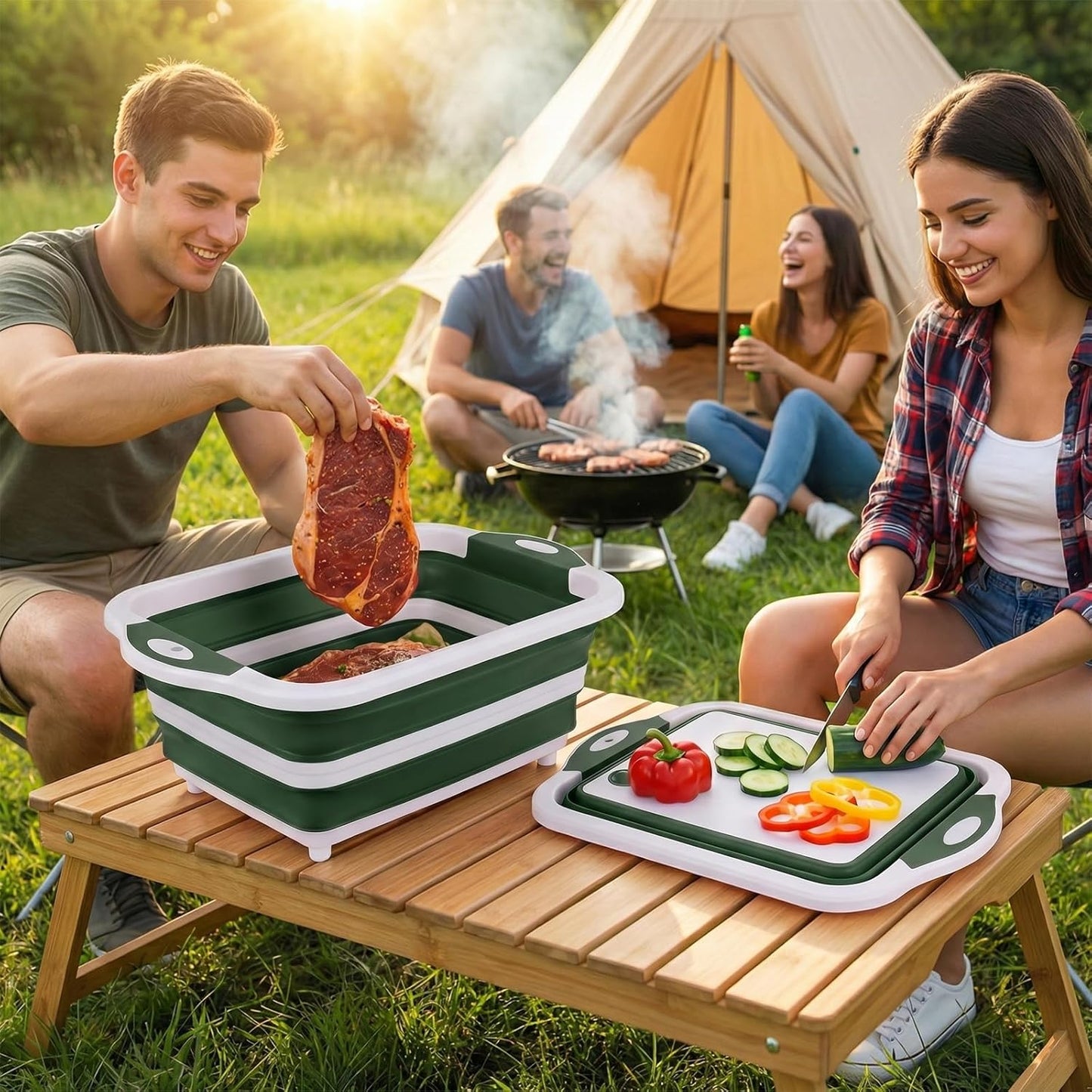 Collapsible BBQ Prep Tub with Lid, Foldable Camping Sink with Colander, Cutting Board, Dish Basin for Kitchen, Bowl, Vegetable and Fruit, Storage Basket for Picnic-Green