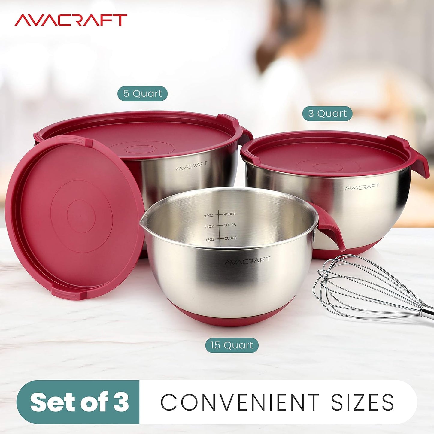AVACRAFT 18/10 Stainless Steel Mixing Bowls with Lids, non slip silicone base bowls with Handle, Mixing Bowl Set with Pour Spouts & Measurement Marks, Home Essentials Cooking Bowls, (Black)