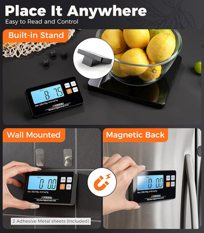 Atogou Upgraded Wireless Food Scale, 33lb/15kg Kitchen Scale with Detachable Display & Larger Platform, 0.1oz/1g, 9 Units, Counting Function, Stainless Steel, for Cooking, Baking, Shipping, Black