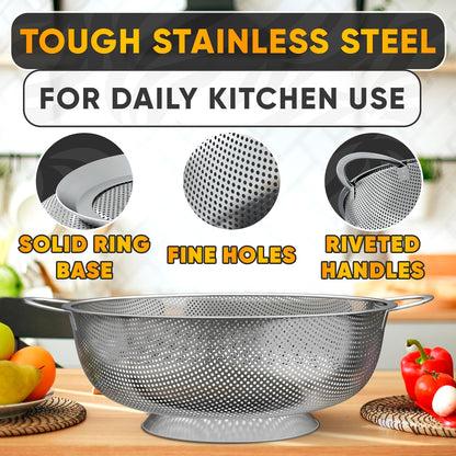 Stainless Steel Strainer Bowl With Handles - 5Qt Rice Washer Strainer Bowl for Grains, Beans, Spaghetti, Veggies, Fruits - Dishwasher Safe & Rust-Resistant Metal Strainers for Kitchen With Fine Holes