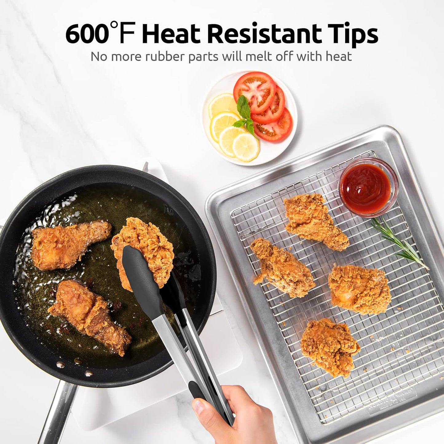 600ºF Heat Resistant Kitchen Tongs: U-Taste 9 inch Silicone Cooking Tong with Firm Sealed Non Stick Rubber Tips & Silicon Coated 18/8 Stainless Steel Handle & Smooth Locking for Serving Salad (Black)